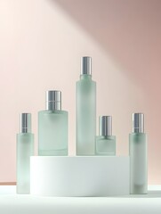 Wall Mural - Frosted Glass Perfume Bottles on a White Platform with a Pink Background