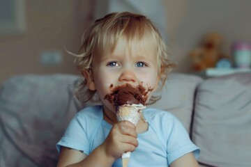 Engaging and lively child beaming joy and carefree spirit. Adorable child elegant silvery hair expressing pure joy. Ice cream brings pure happiness to this child.