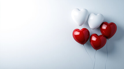 Red and white heart-shaped balloons floating against a plain white background, perfect for Valentine's Day or romantic celebrations.