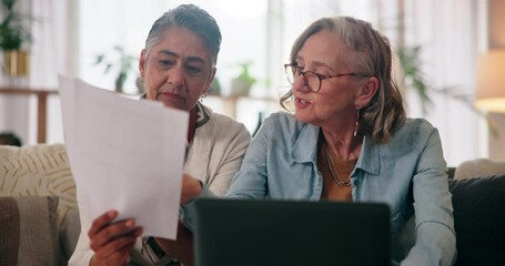 Poster - Mature women, lesbian and laptop in home for retirement planning and investment. LGBTQ couple, relationship and budget review meeting with documents, paperwork and savings for financial security