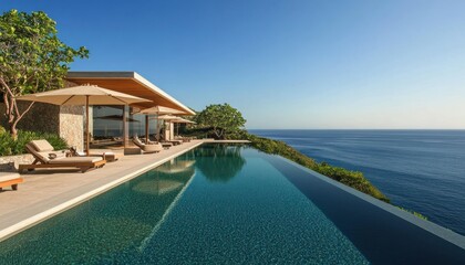 Poster - Infinity Pool Overlooking the Ocean with Loungers and Umbrellas