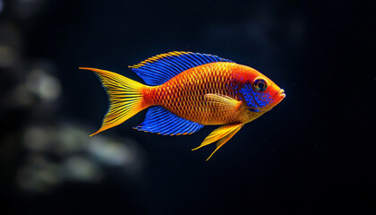 A vibrant fish with striking blue and orange colors swimming gracefully in a dark aquatic environment.