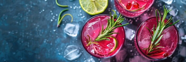 Wall Mural - Refreshing pink cocktail served with ice and garnished with a lime slice and rosemary.