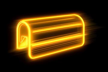 Wall Mural - Vibrant neon yellow mailbox with light trails isolated on black background