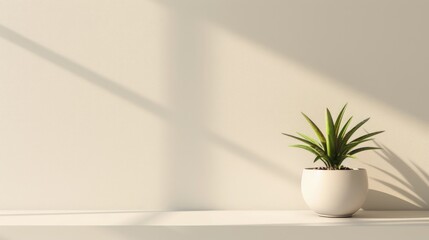 Wall Mural - Plant in a pot on a white table with open space for text and mock-up, seen from the front.