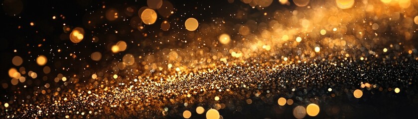 Golden holiday sprinkles and twinkling particles gracefully scattered across a dark background, creating a festive and elegant celebration design for ads or gift wrapping