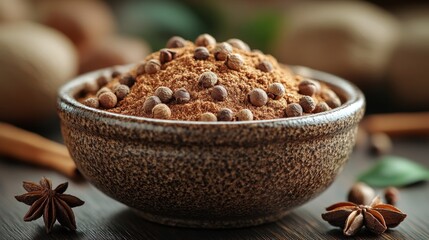 Close-up of a bowl of ground allspice with whole allspice berries, cinnamon sticks, star anise, and nutmeg in the background.