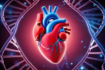 3D Human Heart Anatomy Illustration with DNA Scientific Background