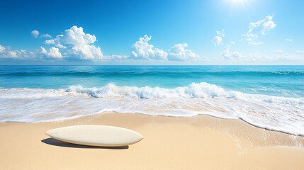 Wall Mural - A white surfboard rests on a sandy beach, overlooking a turquoise ocean with white foamy waves and a bright blue sky with white clouds.