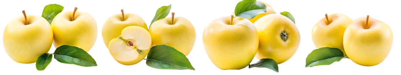 Two yellow apple fruit with green leaf isolated on white background. Golden apples. Full Depth of Field 