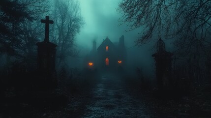 Mysterious Halloween night illuminated by eerie lighting, with a horror theme and thick, creepy fog adding to the chilling atmosphere