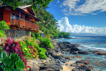 Wall Mural - A tranquil coastal scene featuring a wooden house surrounded by lush greenery and rocky shoreline under a bright sky.