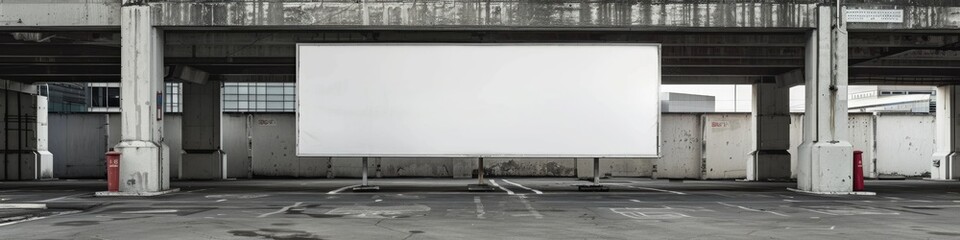 Poster - empty white advertisement banner positioned between grey concrete structures in a parking lot on a s