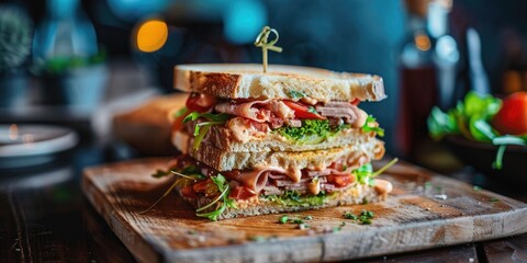 Wall Mural - A club sandwich resting on a surface.