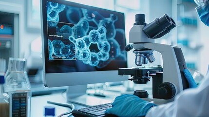Poster - A researcher using a microscope with a computer screen displaying detailed biological images. 