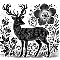 black and white deer illustration with floral elements and ornamental design