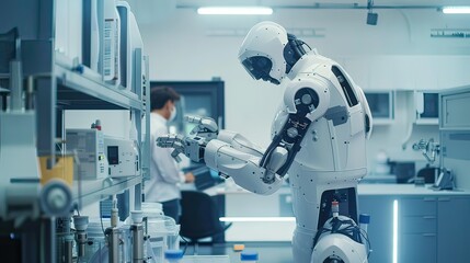 Poster - An advanced robot working alongside a human technician in a clean, high-tech lab. 