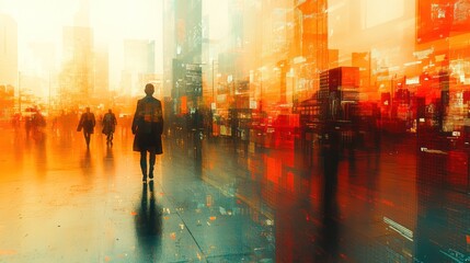 Silhouettes of People Walking in a Futuristic Cityscape