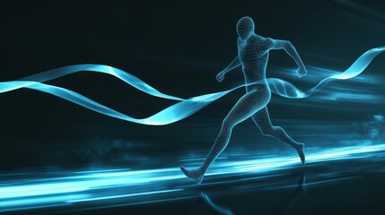 Wall Mural - Wireframe figure runs forward with blue light trails.