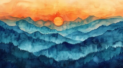 Mountain Sunset in Watercolor: Green, Orange, and Blue