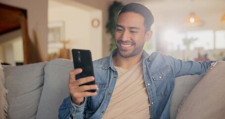 Poster - Phone, relax and smile with man on sofa in living room of home to browse or search dating app. Break, communication and social media with happy person in apartment for morning subscription streaming