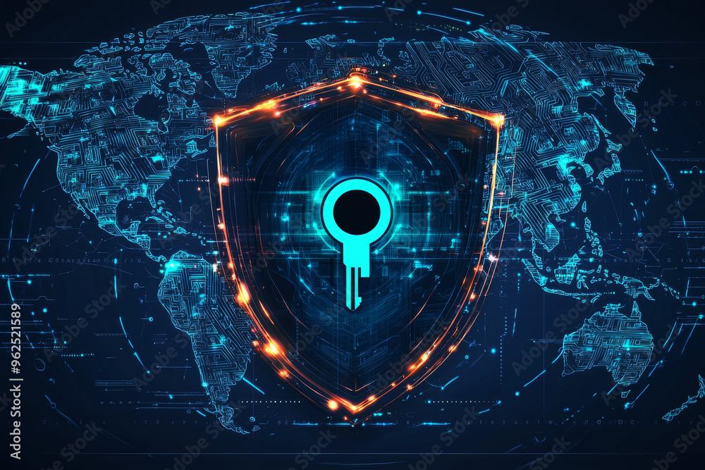 A digital shield with a keyhole overlaying a world map, symbolizing ...
