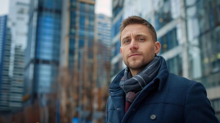 Successful Businessman in Front of Blurred Office Buildings