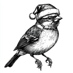 Black and white Vintage engraved art of a Sparrow with a Christmas Santa hat, isolated on white background, ink sketch illustration, simple vector art design, highly detailed line art