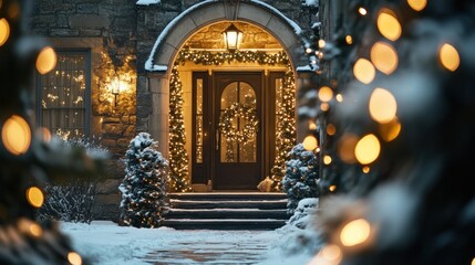 Wall Mural - Festive Front Doorway Decorated with Lights and Wreaths in Winter