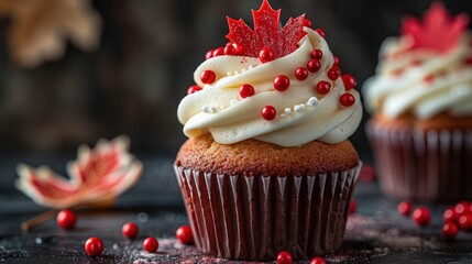 Canada Day Cupcake with Red and White Maple Leaf Flag - Celebrating the Nation's Birthday with Joy and Sweetness