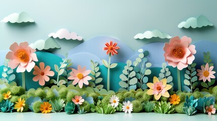 Wall Mural - Paper Floral Summer Landscape with Trees and Flowers