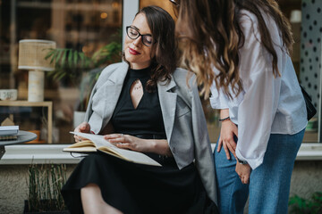 Two businesswomen in a casual meeting, discussing work while reading a book in a modern office environment.