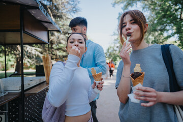 Poster - Friends enjoying delicious ice cream in a sunny park near an ice cream cart