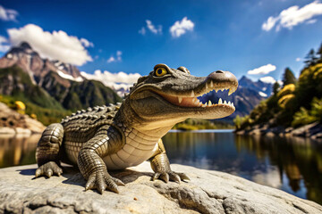 Alligator with Open Mouth on Rocky Shore of Mountain Lake