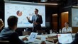© Ameer - A CEO presents data to a group of investors and businesspeople during a conference meeting. The projector screen displays graphs, product sales, revenue growth strategy, and e-commerce analysis.