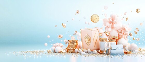 A digital wallet interface surrounded by gold and luxury items, symbolizing the tangible rewards of digital investments