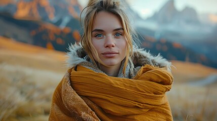 Mountain Getaway: A Young Woman Cozied Up in a Blanket Amidst Majestic Scenery