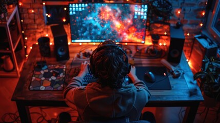 Late Night Work: Top View of Man Typing on Computer