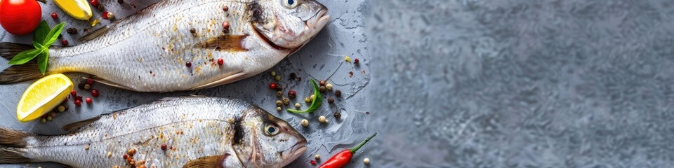 Poster - Spiced organic dorado fish on a light blue slate background, top view with blank area for text.