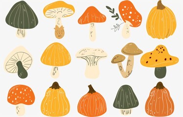 Colorful collection of whimsical mushrooms and pumpkins arranged artistically, showcasing nature's beauty during the autumn season