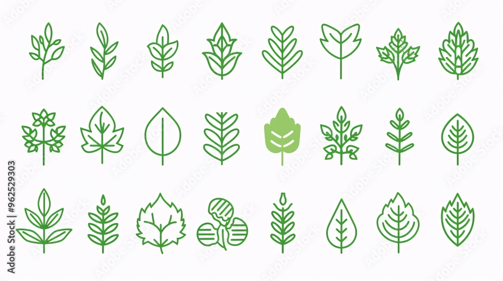 143. Elegant collection of green leaf vector icons, including simple ...