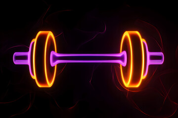 Neon silhouette of a dumbbell icon with purple and orange light trails isolated on black background