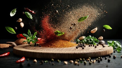 Dynamic explosion of spices and herbs on a dark background, showcasing culinary creativity and vibrant ingredients.