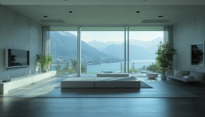 Poster - Modern Living Room with Panoramic Mountain and Lake View