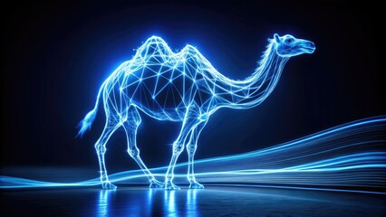 Glowing, neon-blue camel in motion with light trails on dark background , speed, movement, animal, vibrant, glowing, neon