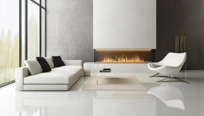 Poster - Modern Living Room with Fireplace and White Furniture