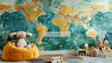 Wall Mural - Jungle Photo Wallpaper with a Drawn Map of the World in Russian: Perfect for Children's Wall Decor