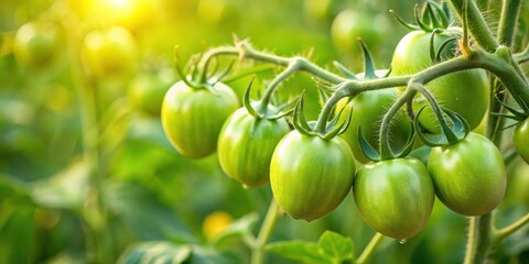 Unripe green tomatoes on the stem in a lush field, vegetables, agriculture, farm, harvest, produce, fresh