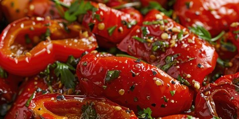 Wall Mural - Oven-Roasted Red Peppers in Olive Oil with Fresh Peppers and Spicy Chili Flakes