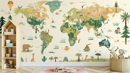 Wall Mural - Jungle Photo Wallpaper for Children's Wall Decor: A Drawn Map of the World in Russian for a Children's Room Design